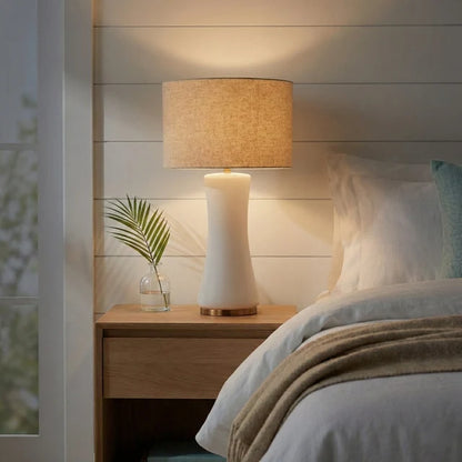 Cascade Glass Table Lamp with Gold Base and Off-White Fabric Shade