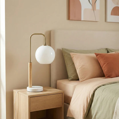 White Globe Table Lamp with Marble Base - Modern Bedside Nightstand Lamp, E26