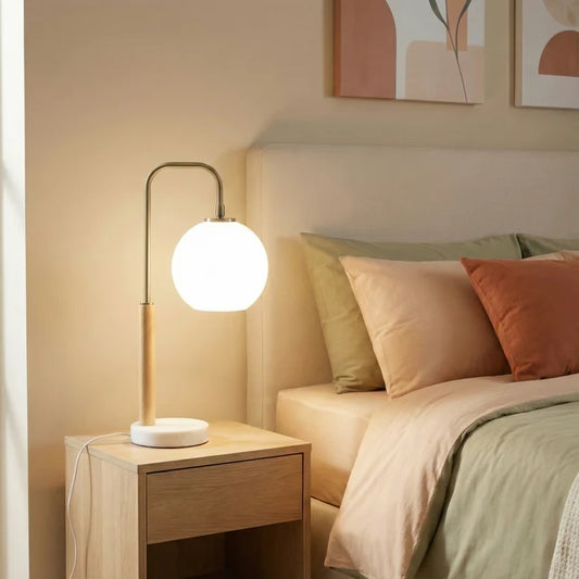 White Globe Table Lamp with Marble Base - Modern Bedside Nightstand Lamp, E26