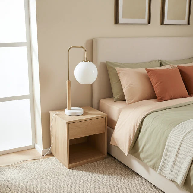 White Globe Table Lamp with Marble Base - Modern Bedside Nightstand Lamp, E26