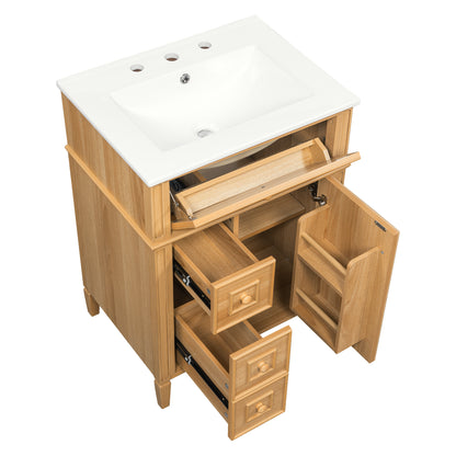 Bathroom Vanity With Sink, Wood Vanity Cabinet With Flip-Out Drawer, 2 Soft-Close Drawers, 1 Soft-Close Door, Solid Wood & MDF, Elegant Wood Handles, Warm Oak