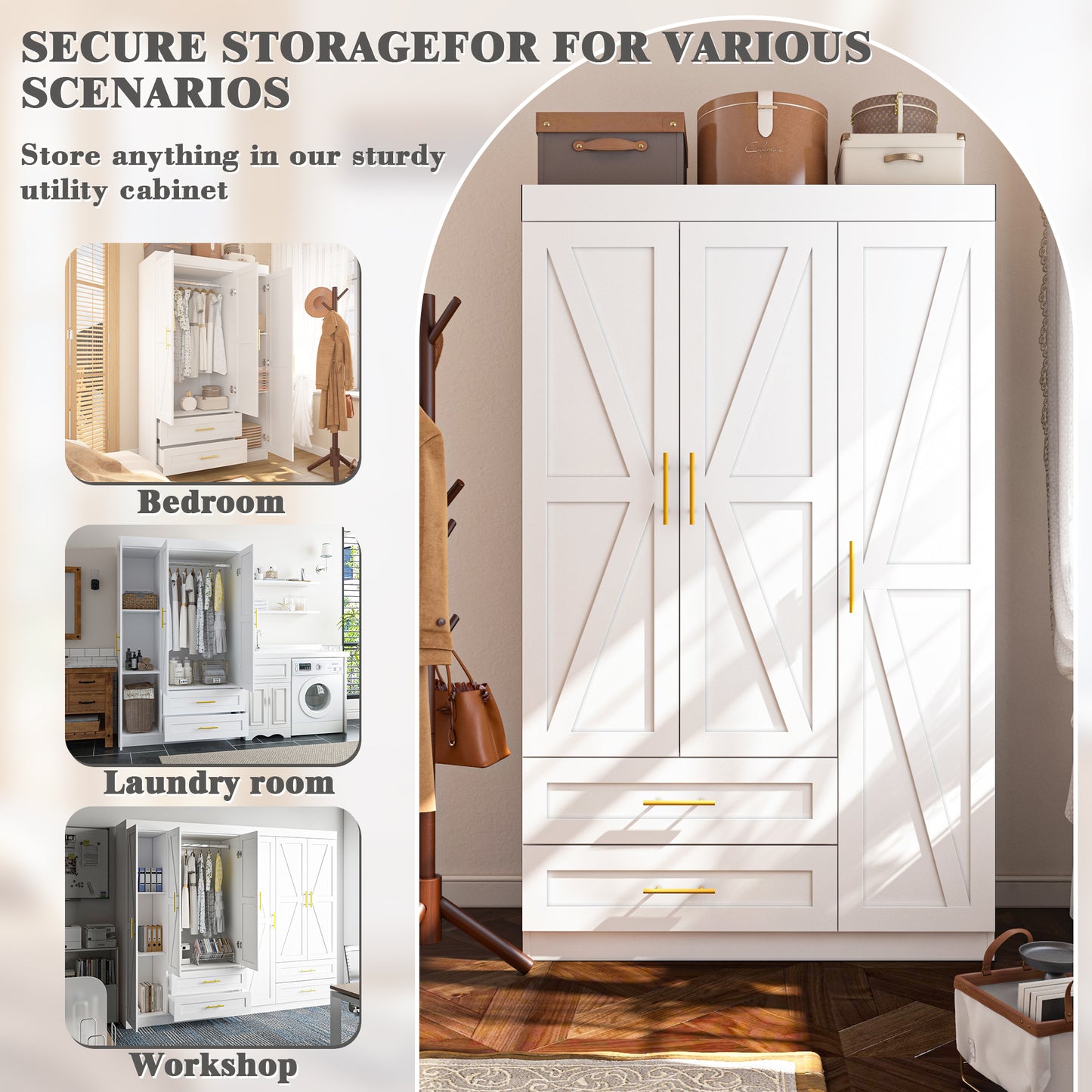 Shaker Style Classic Three-Door Wardrobe, Wood Bedroom Armoire With Hanging Rod And Shelves, Spacious Storage Closet, Modern Farmhouse Design, White