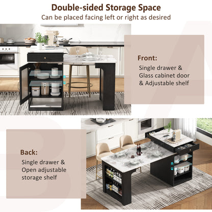 59.5" Kitchen Island with Extendable Dining Table, 2 Drawers, Power Outlet, Double-sided Storage and Open Shelves, Black