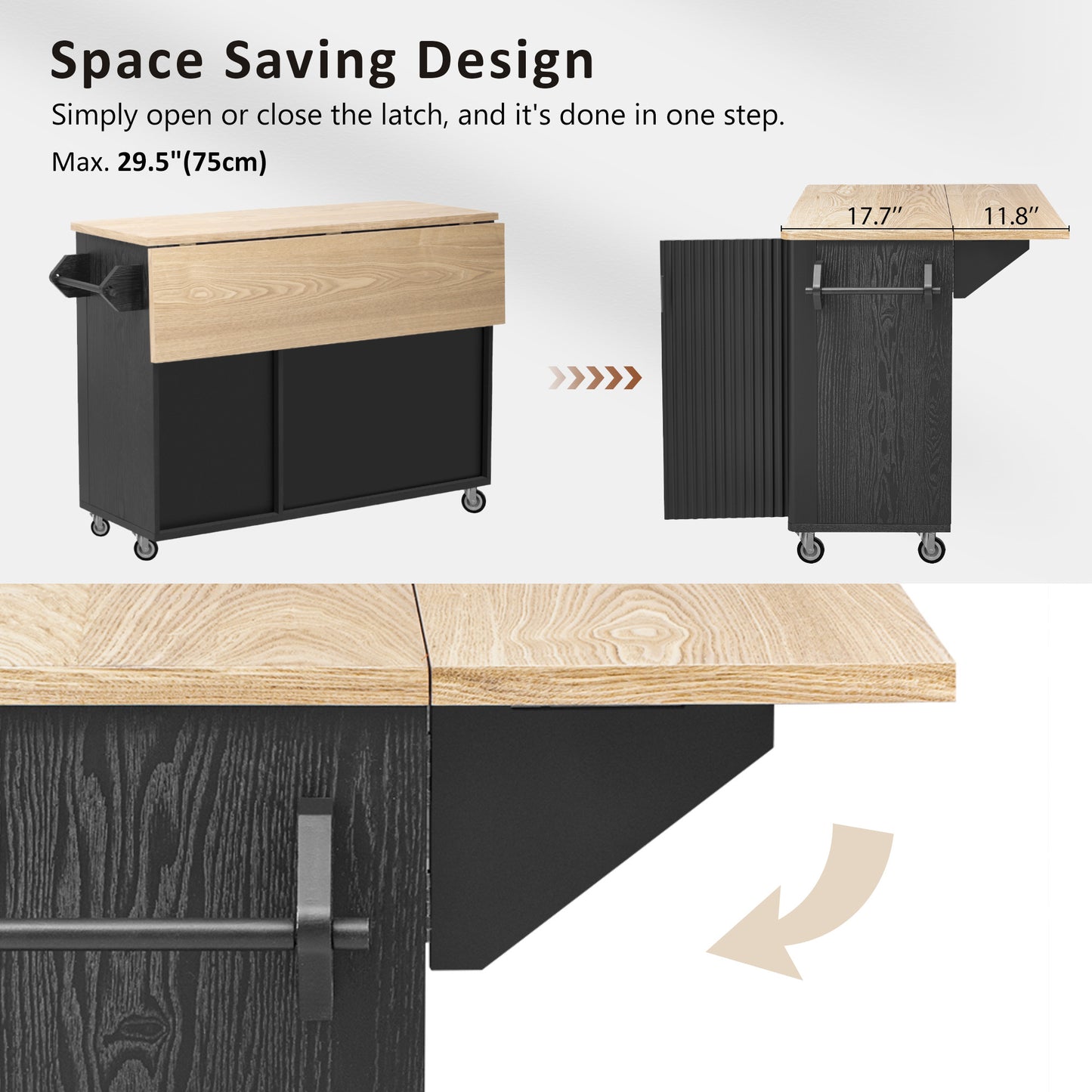 51" Fluted Kitchen Island with Drop Leaf, Rolling Kitchen Cart with Internal Storage Rack and Towel Rack, Black