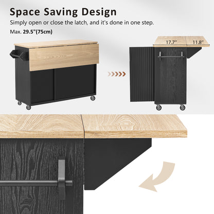 51" Fluted Kitchen Island with Drop Leaf, Rolling Kitchen Cart with Internal Storage Rack and Towel Rack, Black