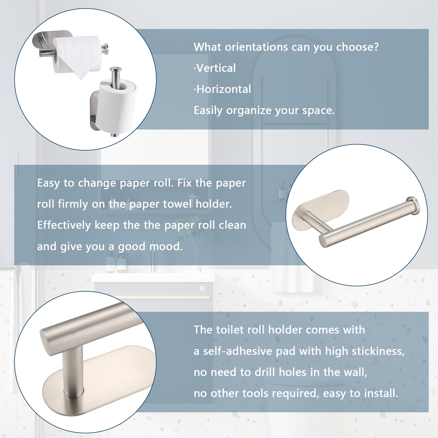 Toilet Paper Holder Self Adhesive, Stainless Steel Rustproof Adhesive Toilet Roll Holder No Drilling