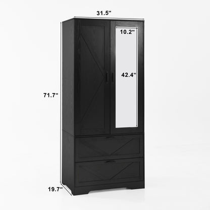 Wood Wardrobe Closet with 2 Doors, Mirror, Induction Light & 2 Drawers - 71" Bedroom Cabinet, Black