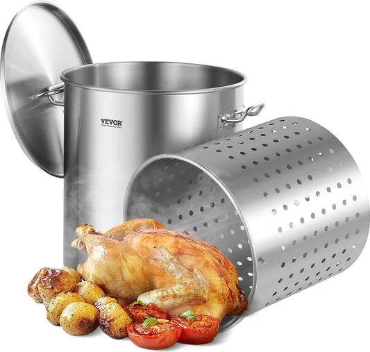 100QT Stainless Steel Stockpot Cooking Kitchen Sauce Pot With Basket Lid Handle