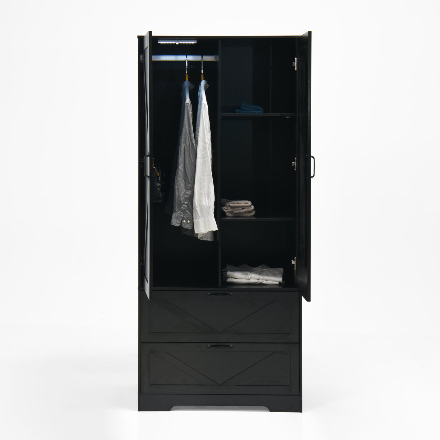 Wood Wardrobe Closet with 2 Doors, Mirror, Induction Light & 2 Drawers - 71" Bedroom Cabinet, Black