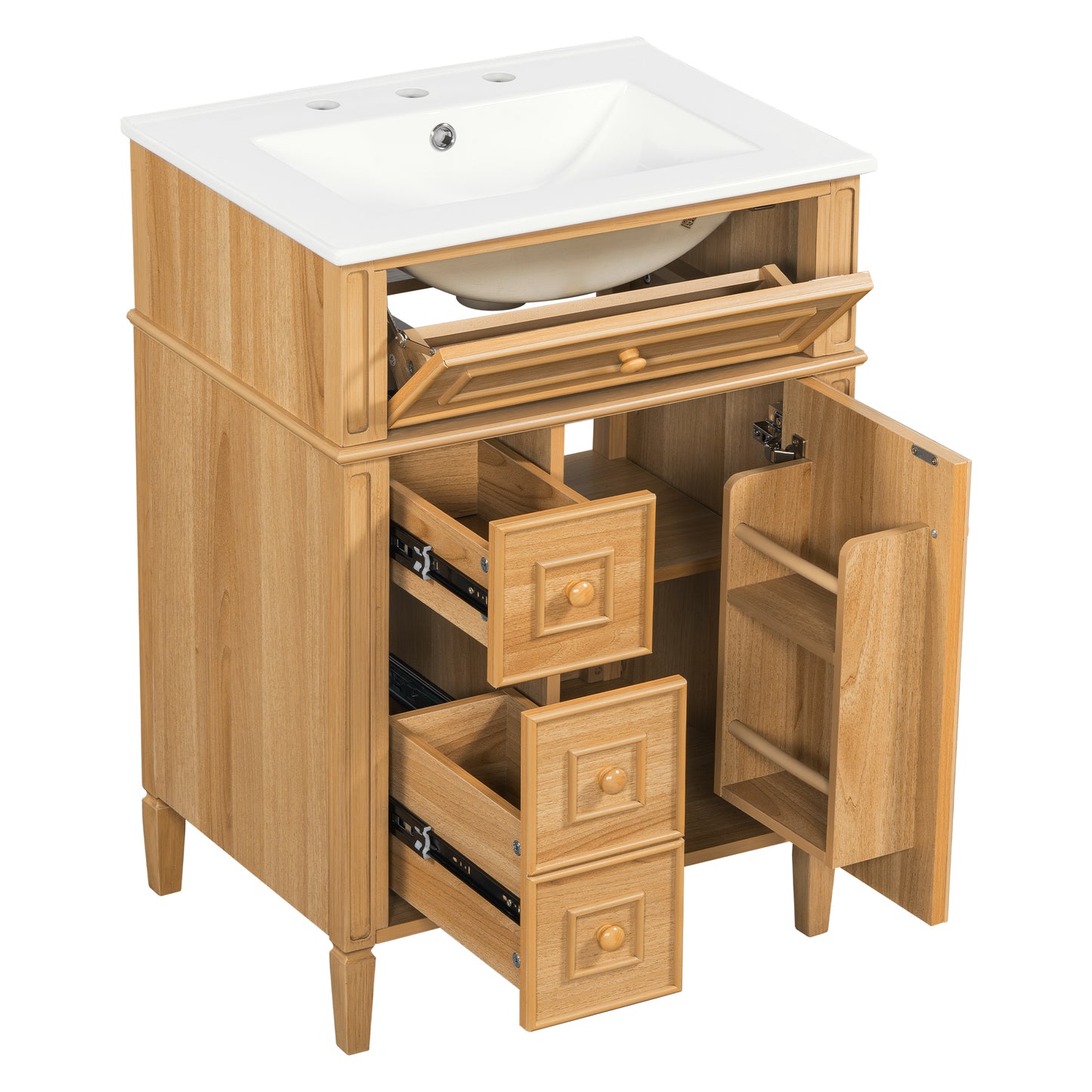 Bathroom Vanity With Sink, Wood Vanity Cabinet With Flip-Out Drawer, 2 Soft-Close Drawers, 1 Soft-Close Door, Solid Wood & MDF, Elegant Wood Handles, Warm Oak