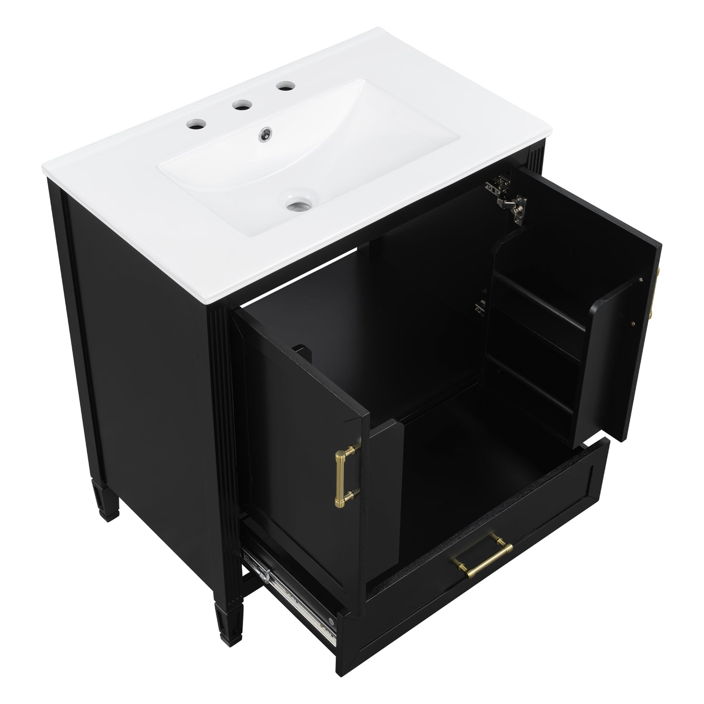 Elegant Fluted Bathroom Vanity With Ceramic Sink, Single Box Shipping, Solid Wood Legs, Soft-Close Doors & Drawer, Door Shelf, Black