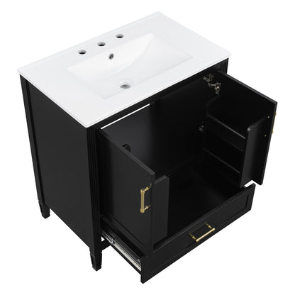 Elegant Fluted Bathroom Vanity With Ceramic Sink, Single Box Shipping, Solid Wood Legs, Soft-Close Doors & Drawer, Door Shelf, Black