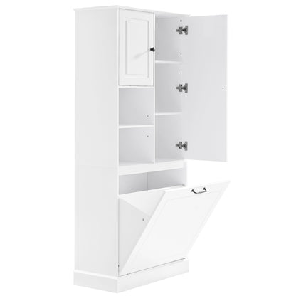 Tall Storage Cabinet With Adjustable Shelves, Large Flip-Out Basket & Enclosed Cabinets  Perfect For Bathroom, Living Room, Or Office, MDF Material With Aluminum Alloy Handles