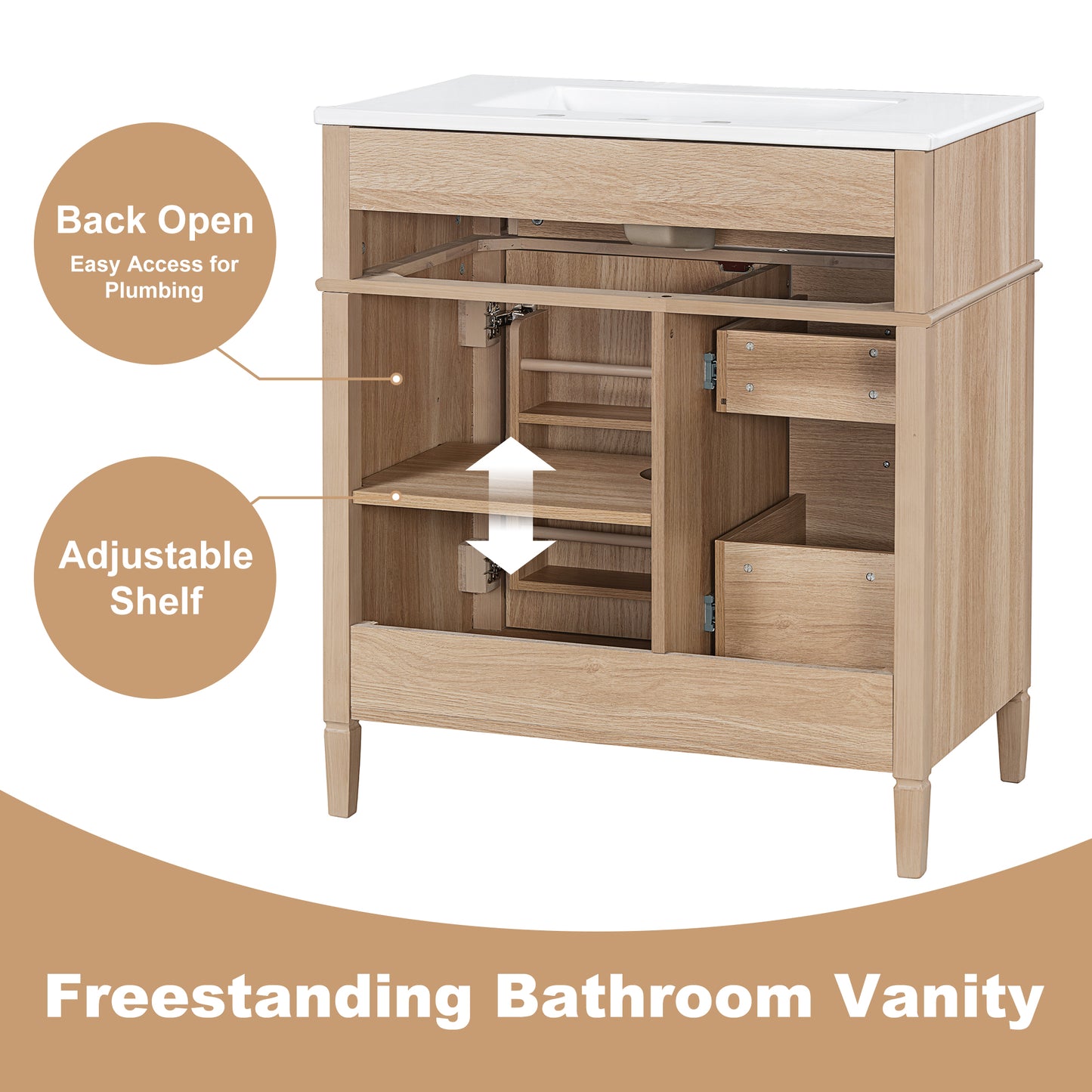 30" Bathroom Vanity with Sink - Light Oak, Solid Wood & MDF, Soft-Close Drawers & Door