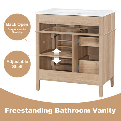 30" Bathroom Vanity with Sink - Light Oak, Solid Wood & MDF, Soft-Close Drawers & Door