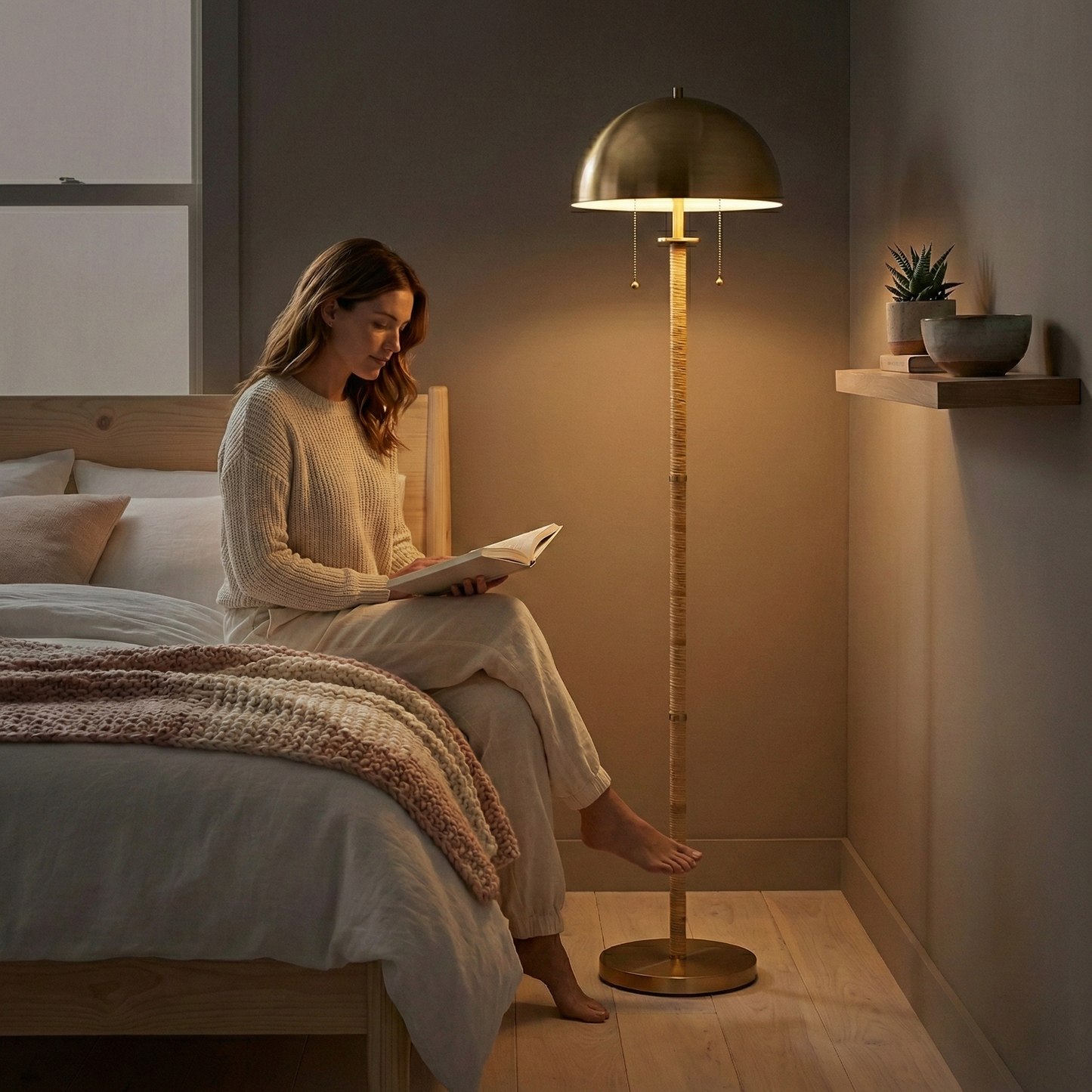 Allure 2-Light Floor Lamp - Gold Brass & Natural Rattan, E26, Pull Chain