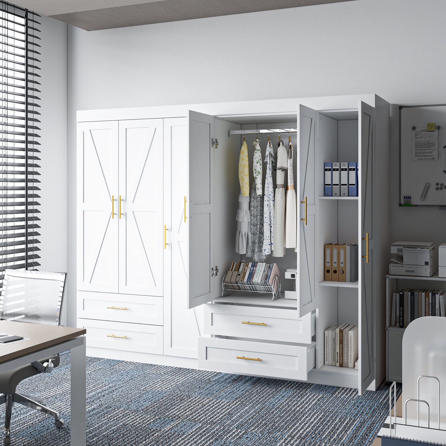 Shaker Style Classic Three-Door Wardrobe, Wood Bedroom Armoire With Hanging Rod And Shelves, Spacious Storage Closet, Modern Farmhouse Design, White