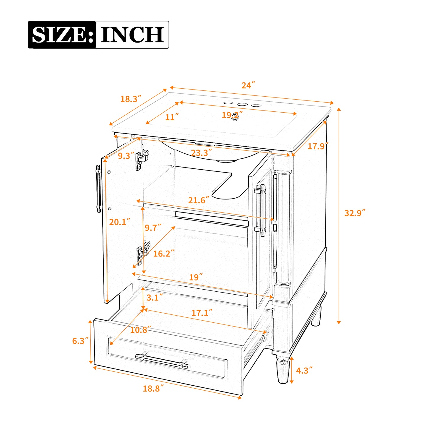 24   Modern Bathroom Vanity With Ornate Motif Design & Soft-Close Hinges,  Bathroom Cabinet With Drawer And Back Open Structure, Ornately Carved French Cylinder Legs