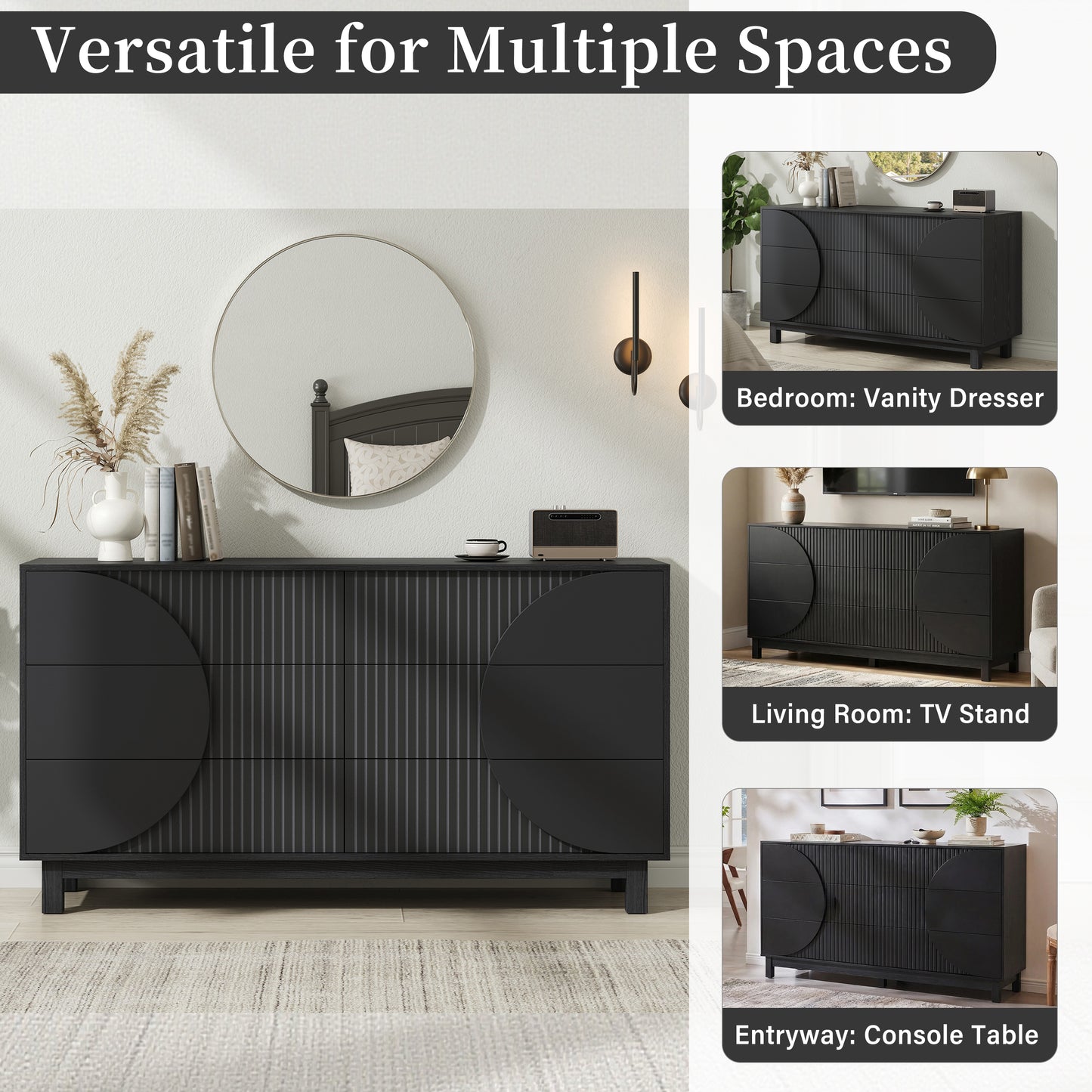 60" Fluted 6-Drawer Dresser with Solid Wood Legs & TV Stand Top - Modern Bedroom Chest, Carbon Black