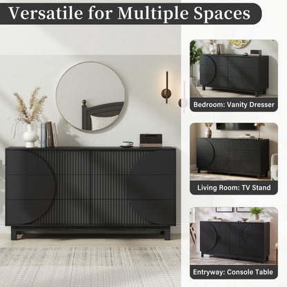 60" Fluted 6-Drawer Dresser with Solid Wood Legs & TV Stand Top - Modern Bedroom Chest, Carbon Black