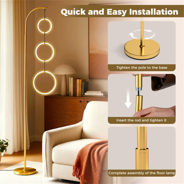 3-Circle LED Floor Lamp - Gold, 71-Inch, Dimmable, 3 Color Temps, 30,000hr Lifespan, No Bulbs Needed