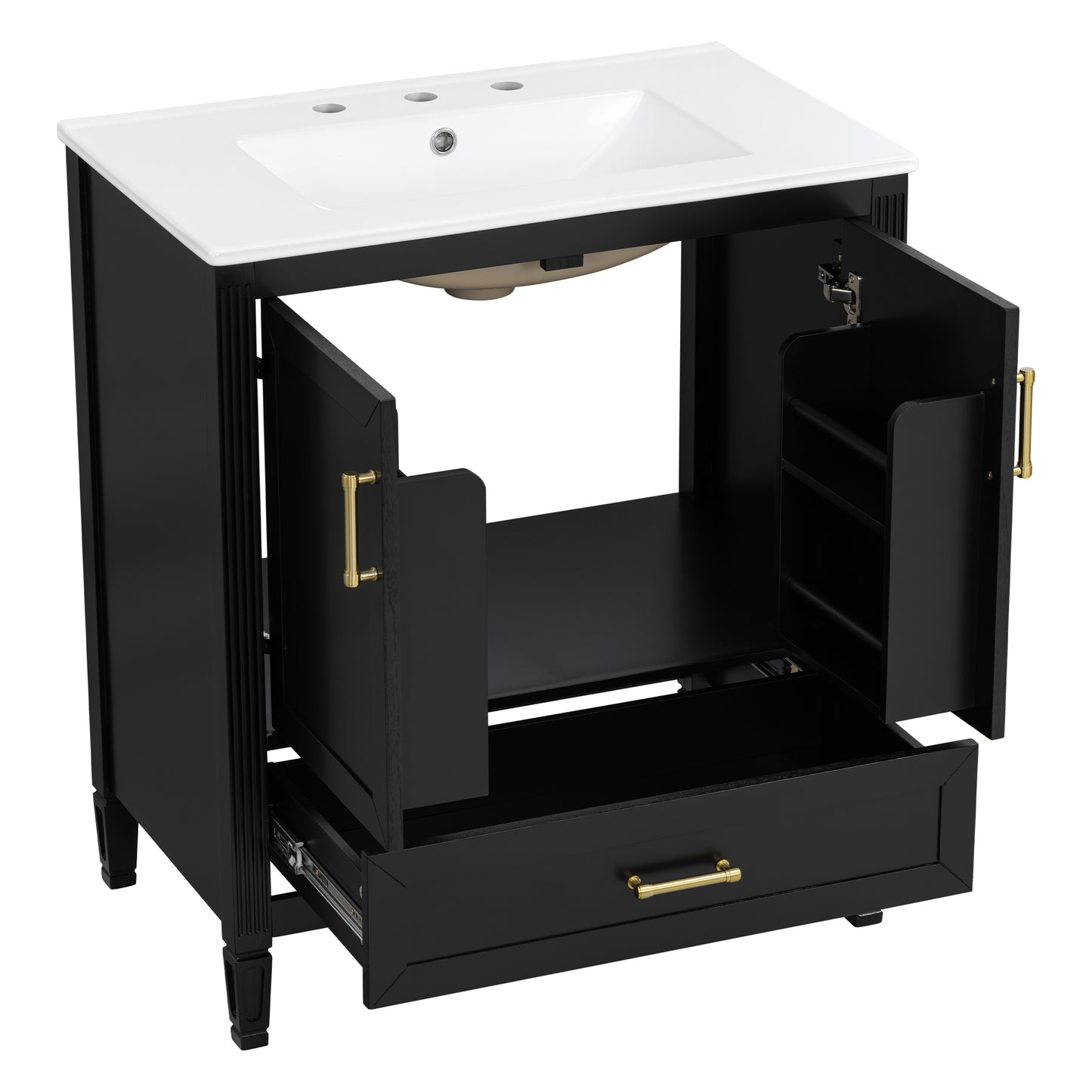 Elegant Fluted Bathroom Vanity With Ceramic Sink, Single Box Shipping, Solid Wood Legs, Soft-Close Doors & Drawer, Door Shelf, Black