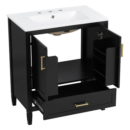 Elegant Fluted Bathroom Vanity With Ceramic Sink, Single Box Shipping, Solid Wood Legs, Soft-Close Doors & Drawer, Door Shelf, Black
