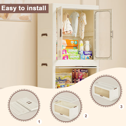 Portable Wardrobe Closet with 4 Cubes, Magnetic Doors & Hanging Rod - 10 Hangers Included, Cream White