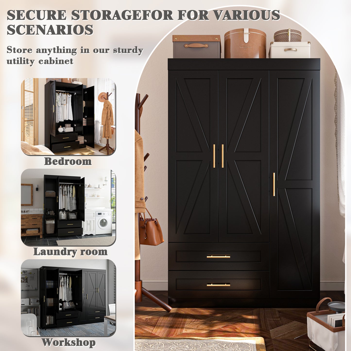 Shaker Style Classic Three-Door Wardrobe, Wood Bedroom Armoire With Hanging Rod And Shelves, Spacious Storage Closet, Modern Farmhouse Design, Black