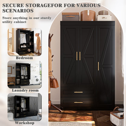 Shaker Style Classic Three-Door Wardrobe, Wood Bedroom Armoire With Hanging Rod And Shelves, Spacious Storage Closet, Modern Farmhouse Design, Black