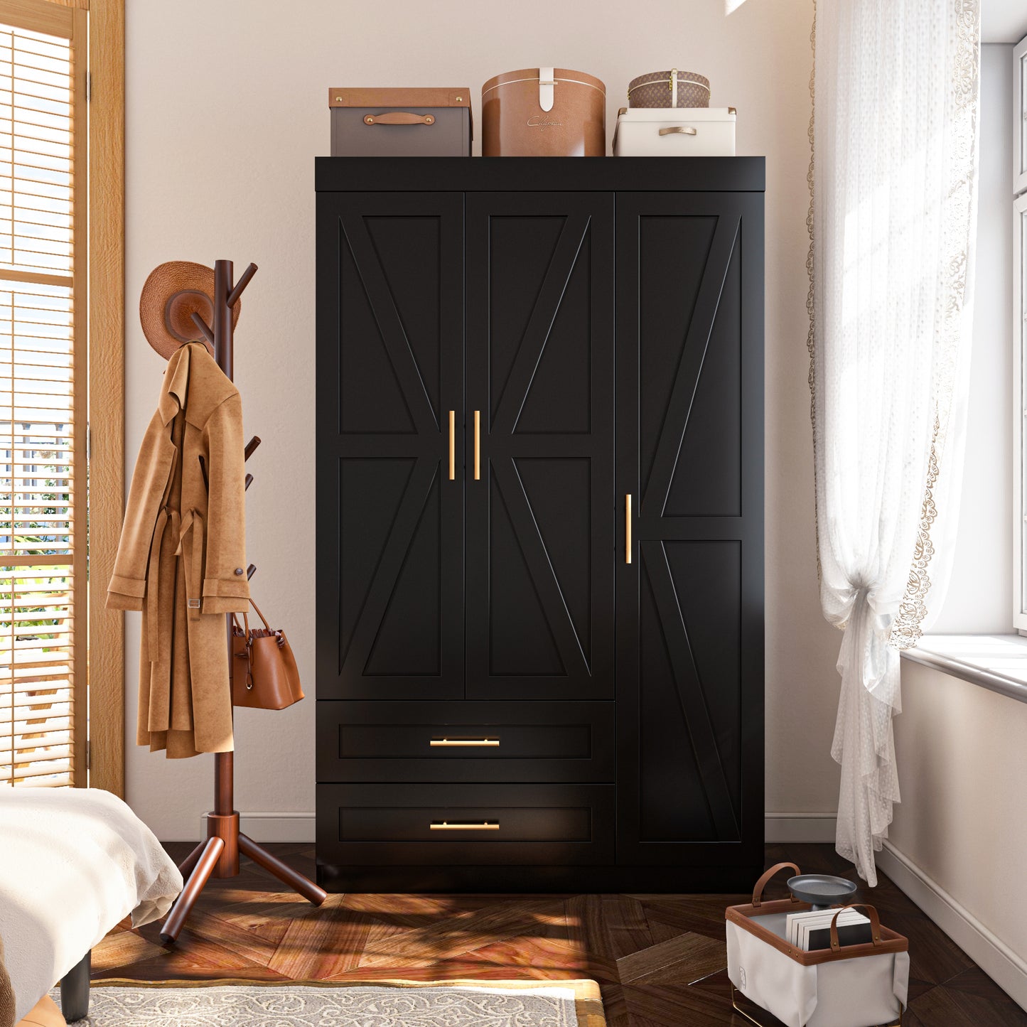 Shaker Style Classic Three-Door Wardrobe, Wood Bedroom Armoire With Hanging Rod And Shelves, Spacious Storage Closet, Modern Farmhouse Design, Black