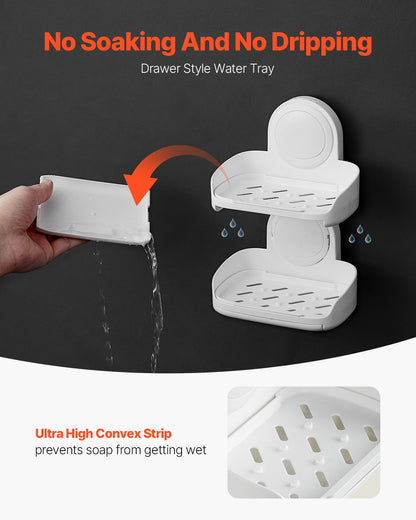 Suction Cup Soap Dish With Double Layer Holder With Drain Tray For Shower