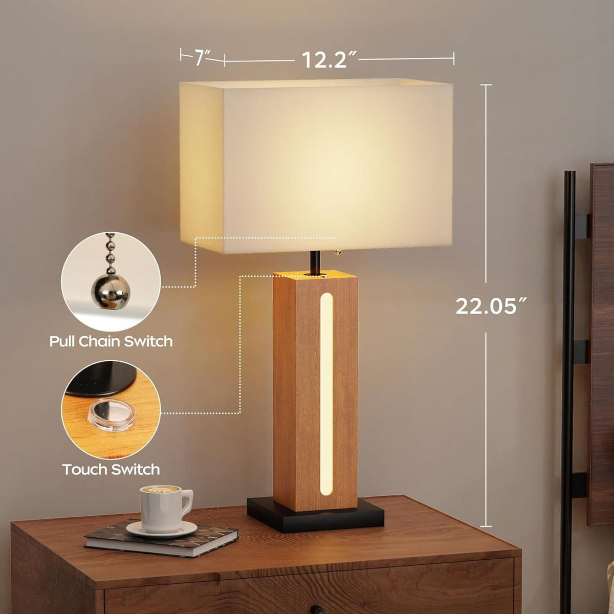 Farmhouse Bedside Table Lamps Set of 2 - Dimmable LED Nightlight, Wood Grain & Linen Shade