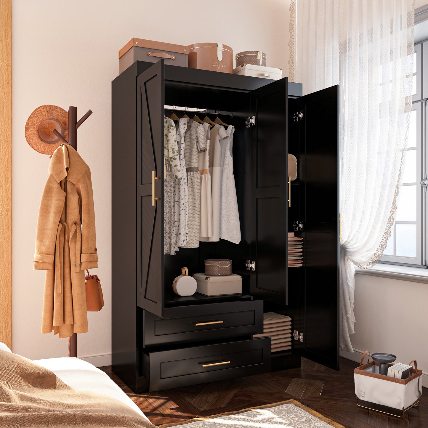 Shaker Style Classic Three-Door Wardrobe, Wood Bedroom Armoire With Hanging Rod And Shelves, Spacious Storage Closet, Modern Farmhouse Design, Black