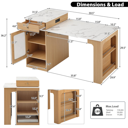 59.5" Kitchen Island with Extendable Dining Table, 2 Drawers, Power Outlet, Double-sided Storage and Open Shelves, Natural