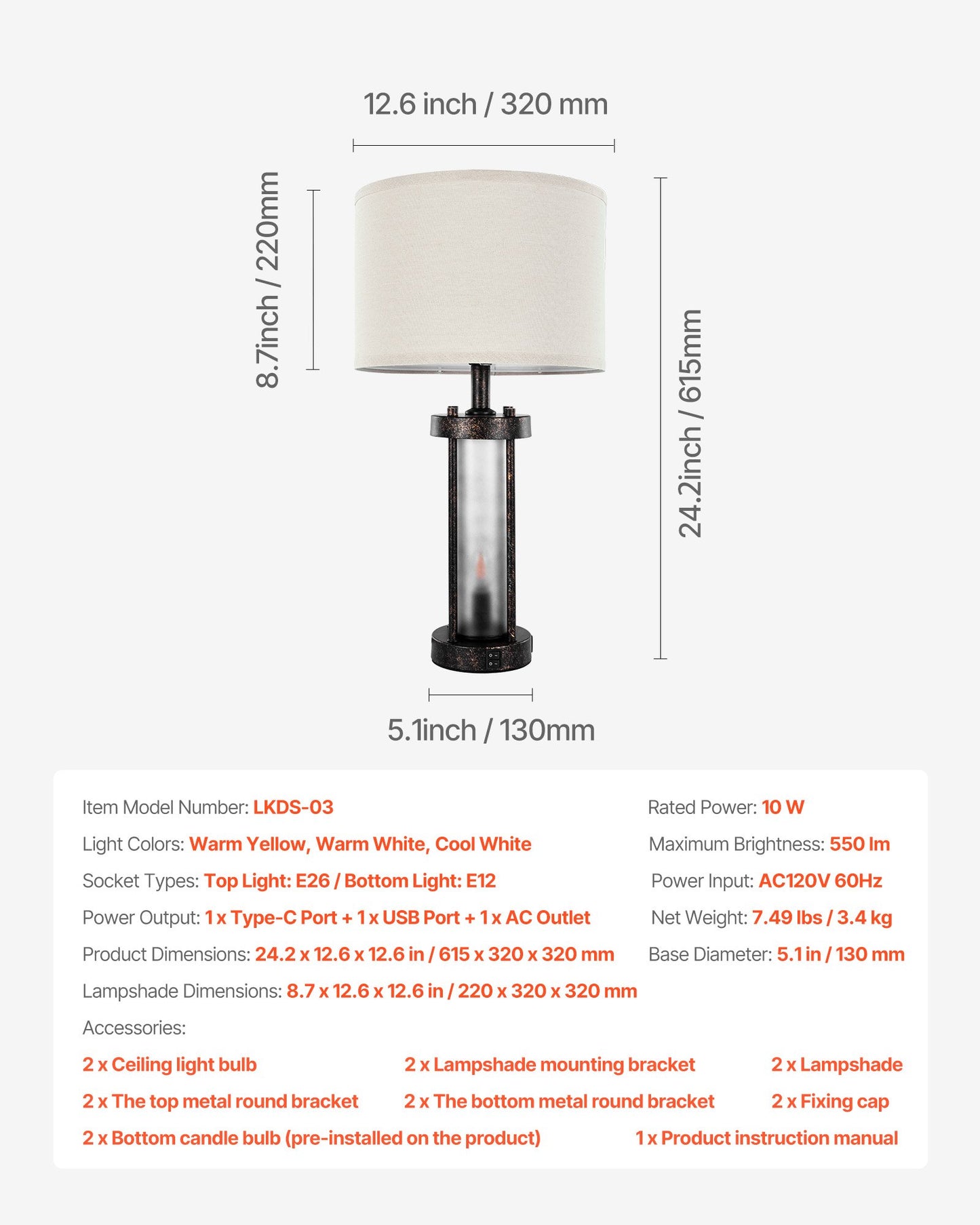 Farmhouse Bedside Table Lamps Set of 2 with USB Ports - Nightstand Desk Lamps for Bedroom