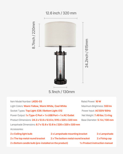 Farmhouse Bedside Table Lamps Set of 2 with USB Ports - Nightstand Desk Lamps for Bedroom