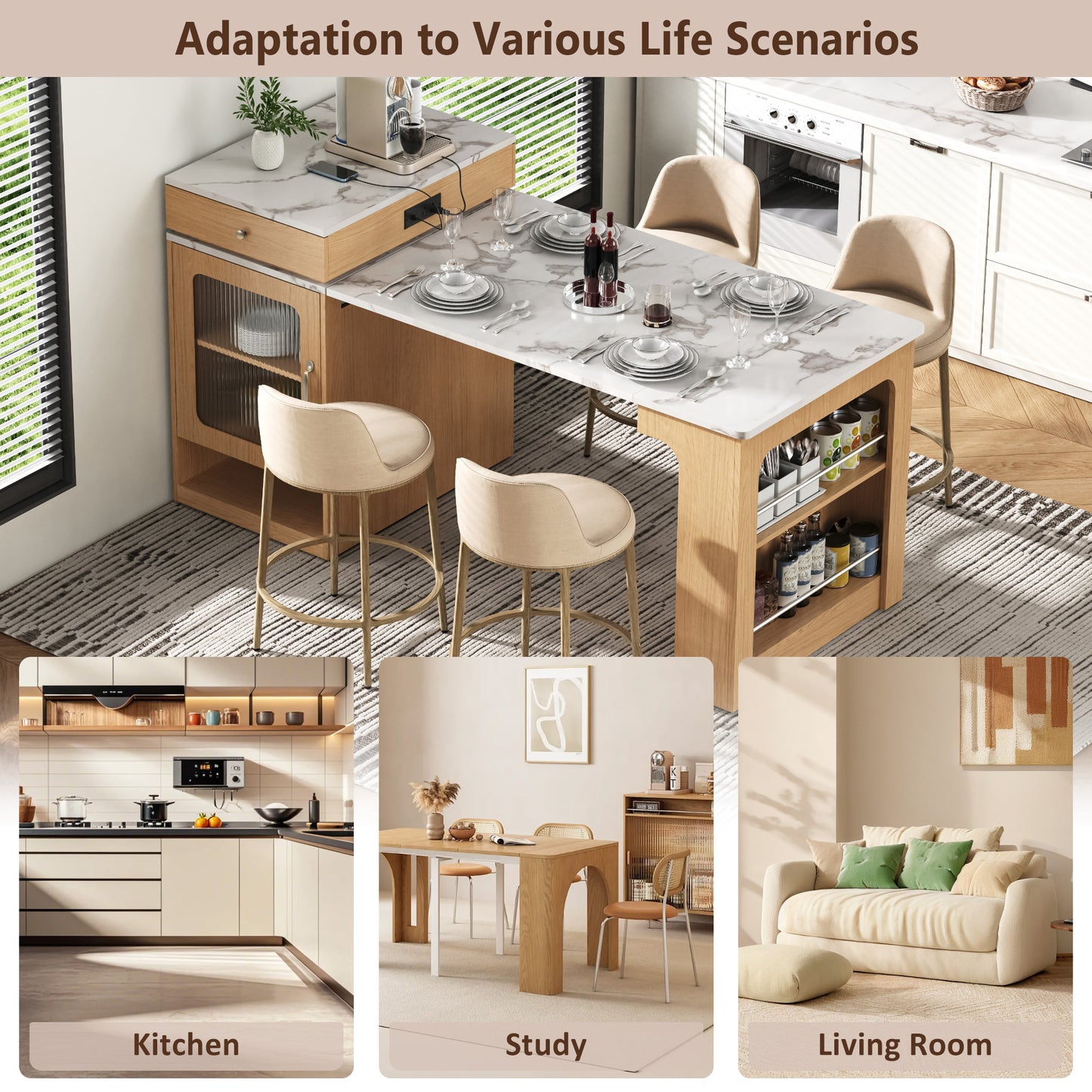 59.5" Kitchen Island with Extendable Dining Table, 2 Drawers, Power Outlet, Double-sided Storage and Open Shelves, Natural