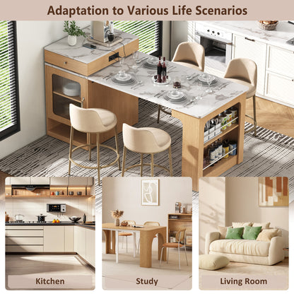 59.5" Kitchen Island with Extendable Dining Table, 2 Drawers, Power Outlet, Double-sided Storage and Open Shelves, Natural
