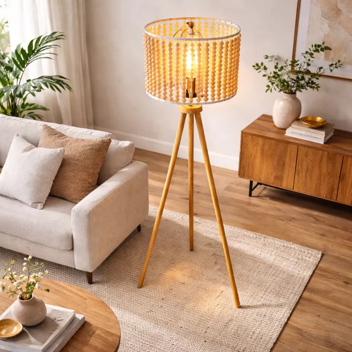 Brillo Three-Legged Wood Reading Floor Lamp - 59-Inch, E26, Foot Switch, Plug-In, Natural Brown