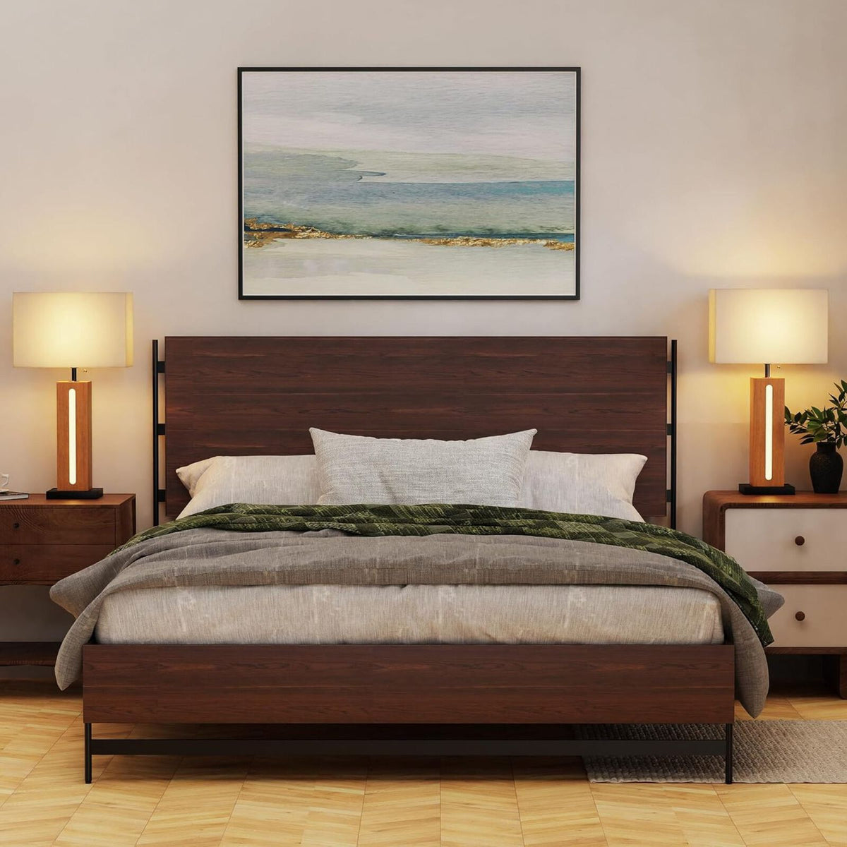 Farmhouse Bedside Table Lamps Set of 2 - Dimmable LED Nightlight, Wood Grain & Linen Shade