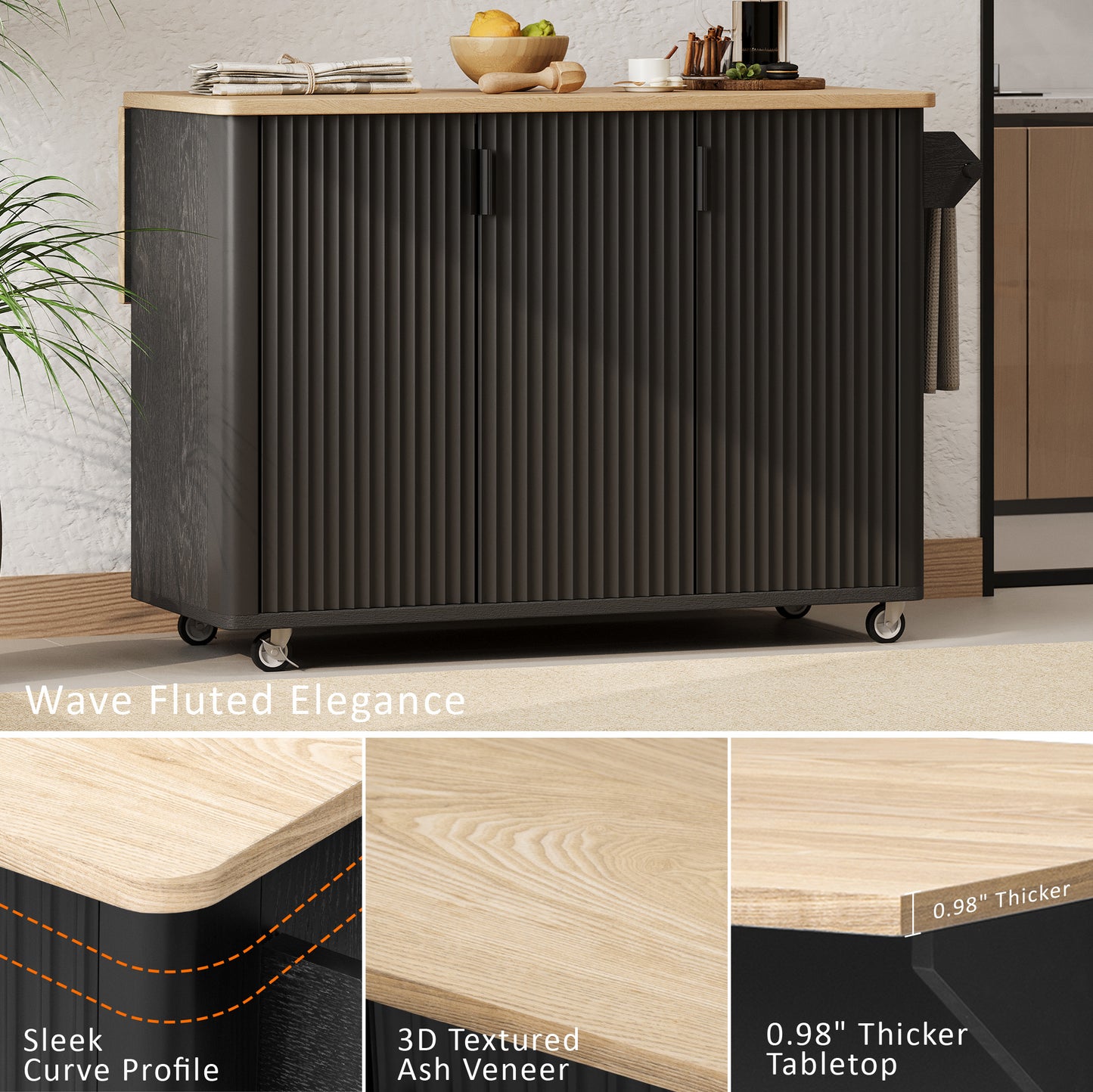51" Fluted Kitchen Island with Drop Leaf, Rolling Kitchen Cart with Internal Storage Rack and Towel Rack, Black