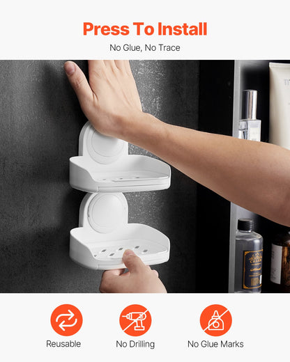 Suction Cup Soap Dish With Double Layer Holder With Drain Tray For Shower