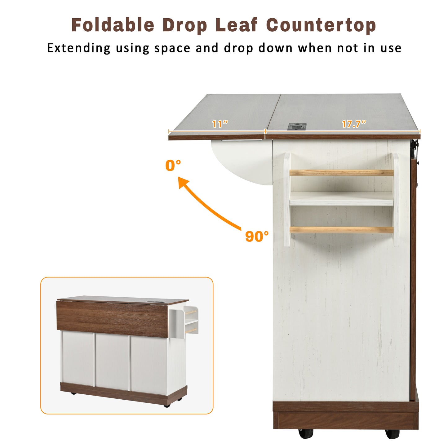 55.5" Farmhouse Kitchen Island with Drop Leaf, Sliding Barn Door, Power Outlet and Spice Rack, Rolling Kitchen Cart, White