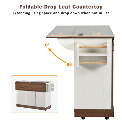 55.5" Farmhouse Kitchen Island with Drop Leaf, Sliding Barn Door, Power Outlet and Spice Rack, Rolling Kitchen Cart, White