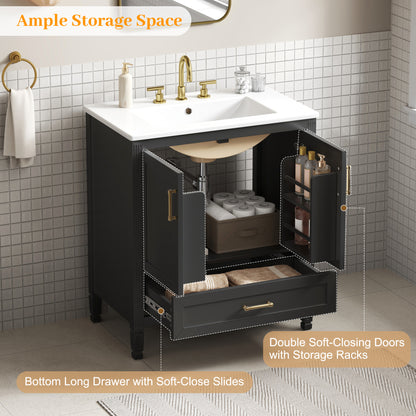 Elegant Fluted Bathroom Vanity With Ceramic Sink, Single Box Shipping, Solid Wood Legs, Soft-Close Doors & Drawer, Door Shelf, Black