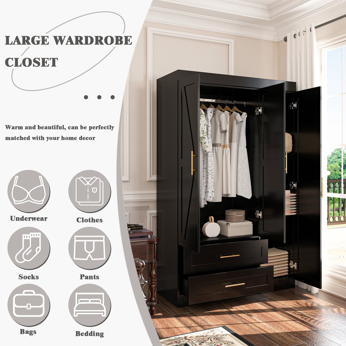 Shaker Style Classic Three-Door Wardrobe, Wood Bedroom Armoire With Hanging Rod And Shelves, Spacious Storage Closet, Modern Farmhouse Design, Black