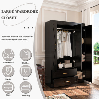 Shaker Style Classic Three-Door Wardrobe, Wood Bedroom Armoire With Hanging Rod And Shelves, Spacious Storage Closet, Modern Farmhouse Design, Black