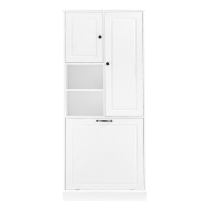 Tall Storage Cabinet With Adjustable Shelves, Large Flip-Out Basket & Enclosed Cabinets  Perfect For Bathroom, Living Room, Or Office, MDF Material With Aluminum Alloy Handles