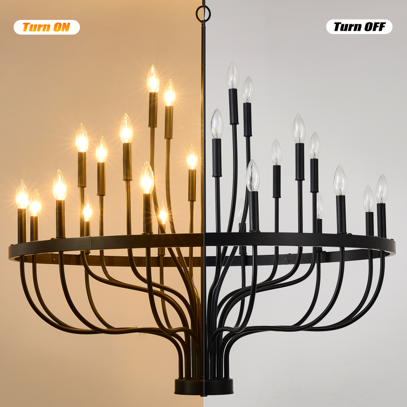 24-Light Industrial Farmhouse Chandelier - Matte Black, 39-Inch, Adjustable Height, E12, Bulbs Not Included